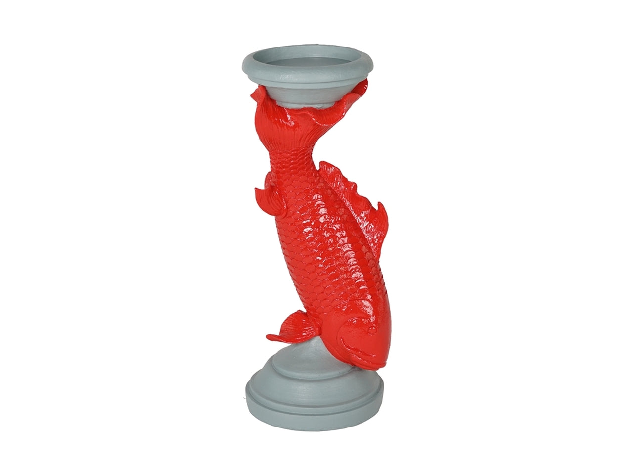 Porta candele moderno stile orientale in resina, carta da zucchero e rosso - fusto a forma di carpa koi rossa - h.30cm d.11cm - Plàthea