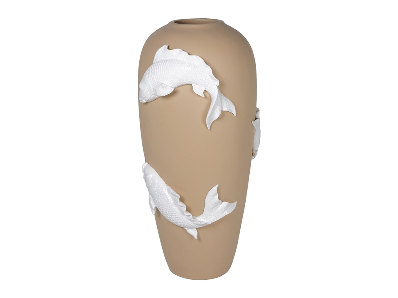 Vaso d'arredo stile marinaro, in resina, crema con carpe koi rosse decorate a rilievo, 35x73cm - Plàthea