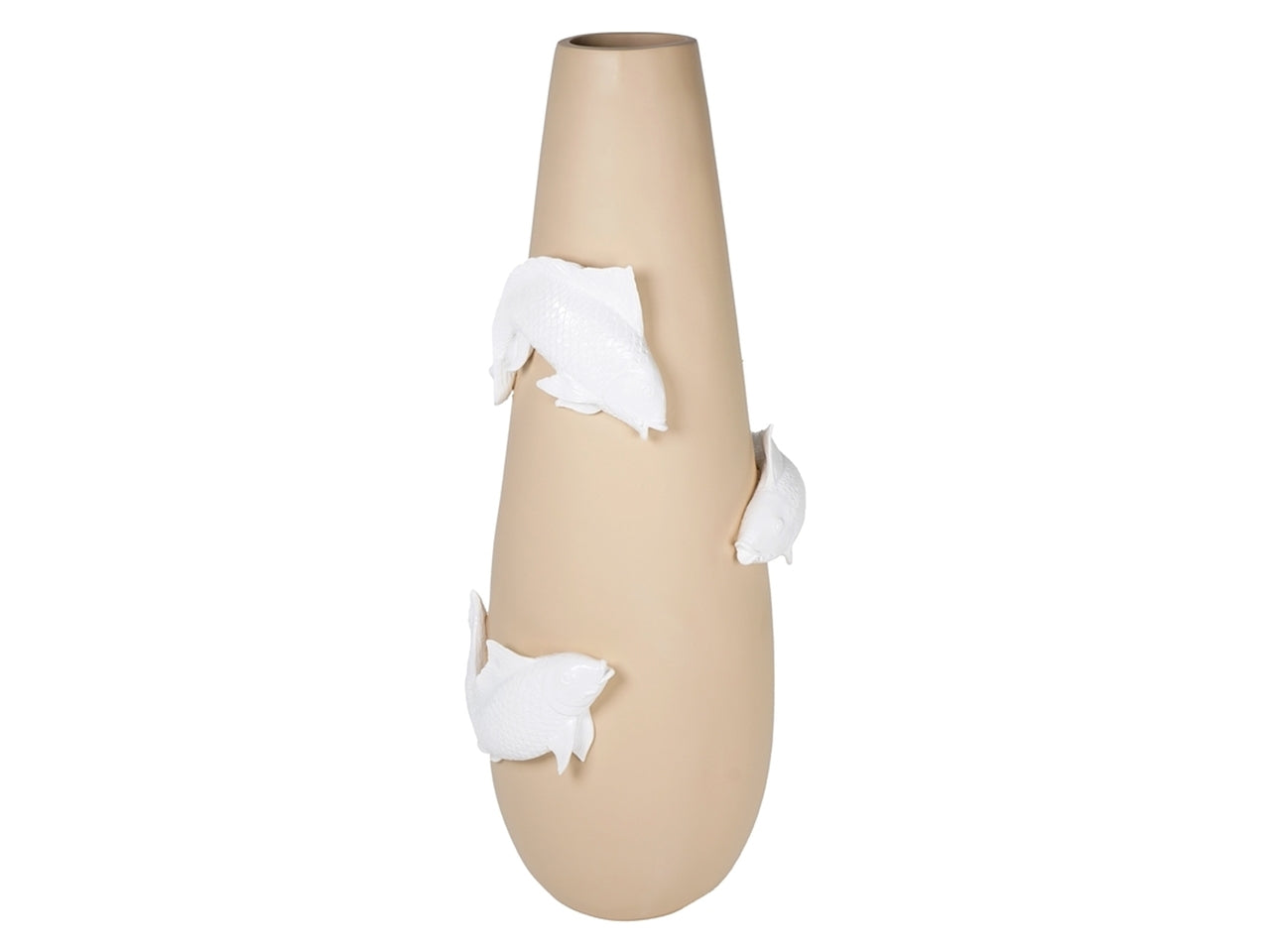 Vaso da fiori orientale in resina con carpe giapponesi a rilievo, beide e bianco forma cilindrica - altezza 95 cm, diametro 37 cm, - Plàthea