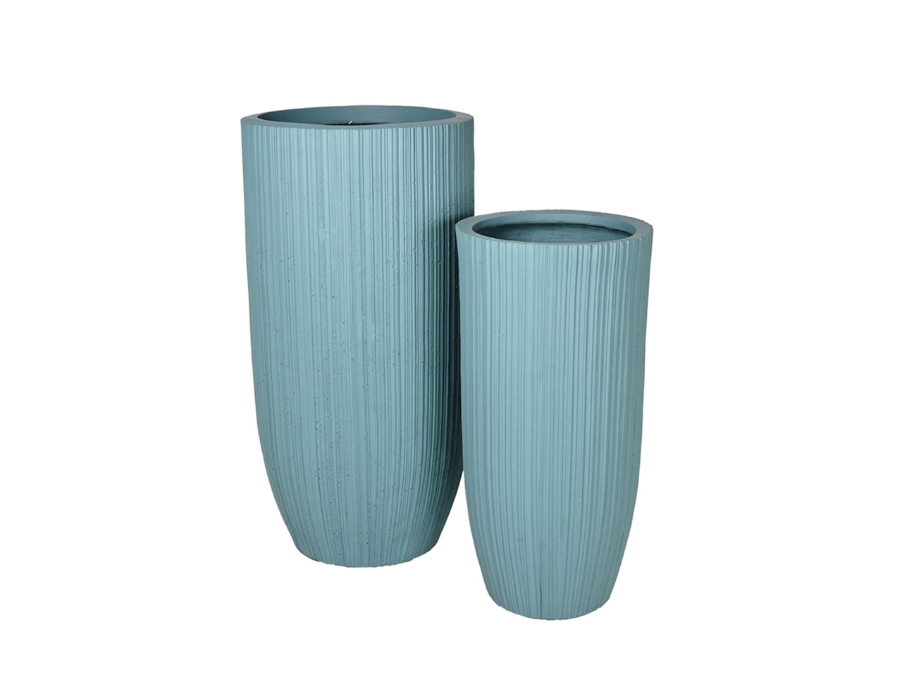 Vaso d'arredo moderno, in resina, celeste, forma cilindrica con lavorazione a rilievo, uso interno/esterno, set da 2 - Plàthea