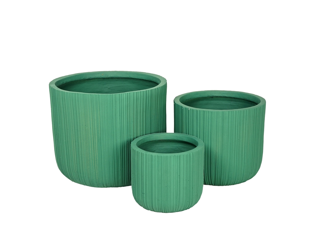 Set da 3 - Cachepot vaso porta piante moderno in resina verde salvia, cilindrico per interno/esterno con lavorazione verticali a rilievo - altezza: grande 44x35 cm, medio 35x28 cm, piccolo 24x21 cm - Plàthea