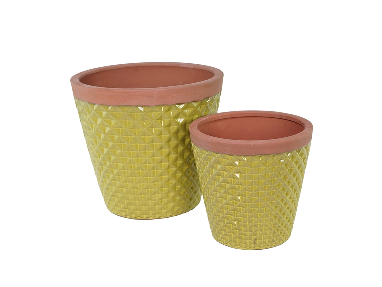 Set da 2 - Cachepot vaso porta piante mediterraneo in terracotta colore giallo forma a campana, con lavorazione romboidali a rilievo, grande 36x40cm piccolo 28x27cm - Plàthea