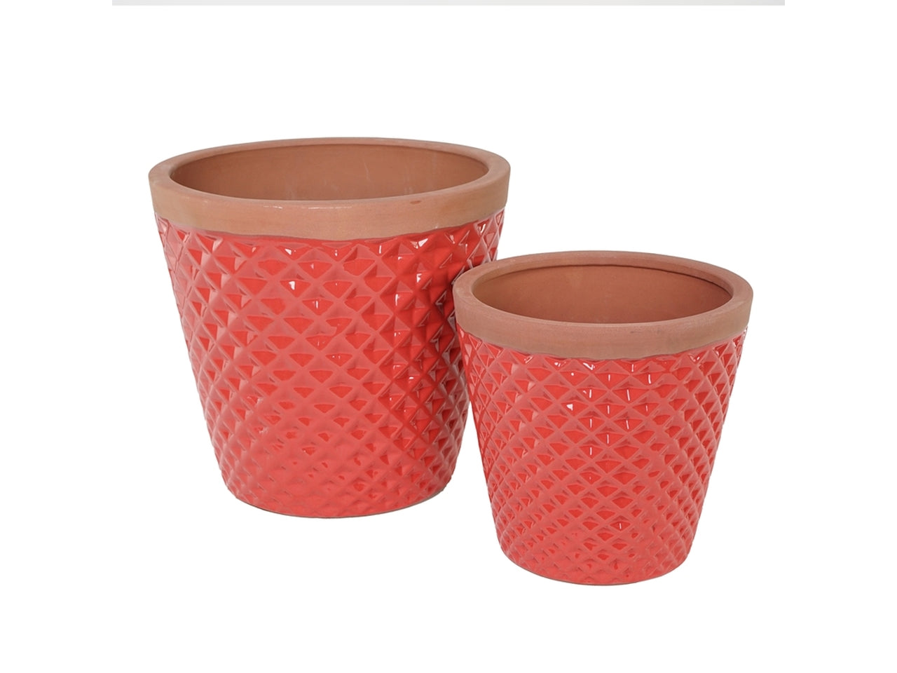 Set da 2 - Vaso cache pot per piante, stile mediterraneo in terracotta rosso, a campana rombi laccati - h36/28cm d40/27cm - Plàthea