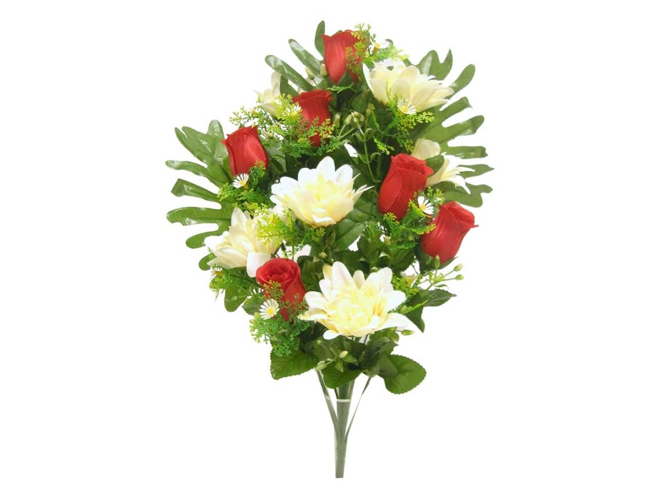 Mazzo frontale artificiale di zinna e rose colore rosso e crema con 11 steli in plastica 50x27 cm - Diva