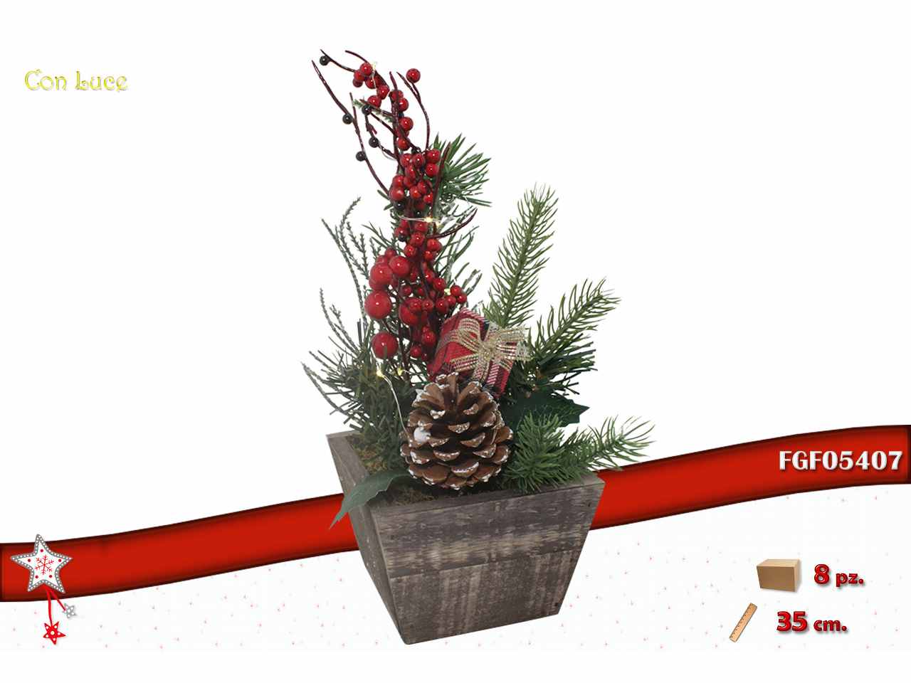 Pianta natalizia con decorazione e led 35cm