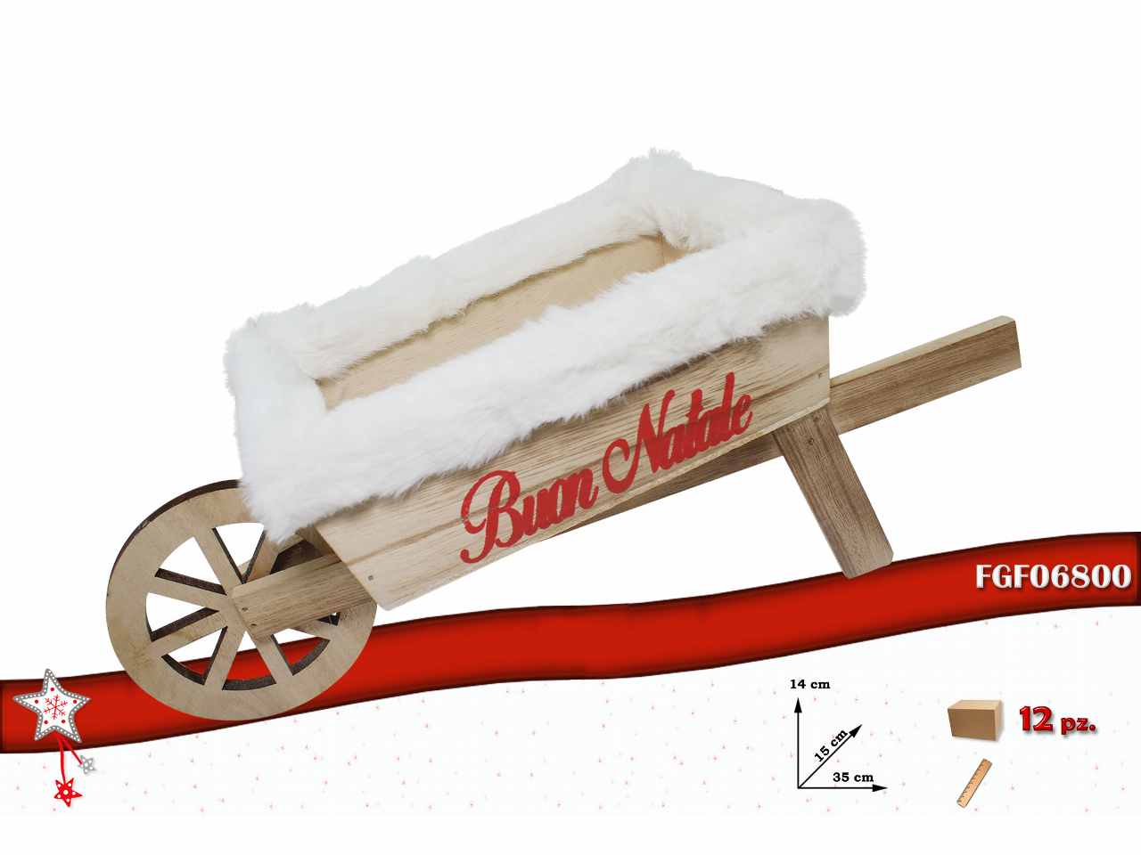 Carriola in legno naturale con bordi peluche 35x15x14cm