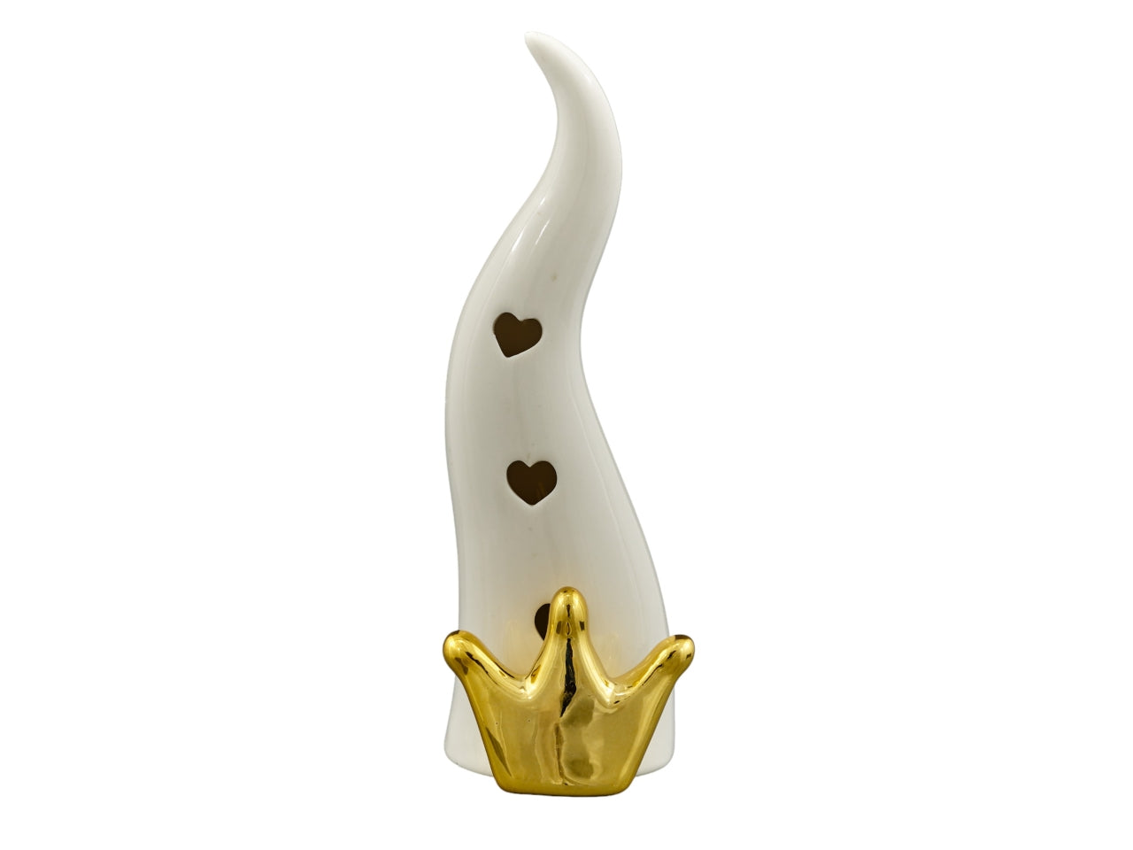 Cornetto Portafortuna Bianco e Dorato LED con Corona, 19cm - Ceramica Laccata, Design Italiano Melograno, Bomboniera Elegante con Dettagli Cuoricini