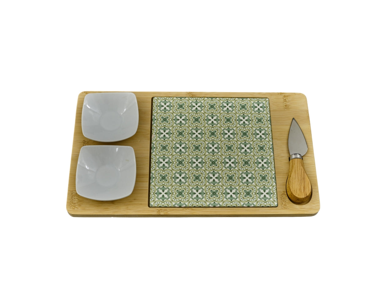 Set Tagliere in Bamboo Melograno con Ciotoline in Ceramica e Coltello - 30x17x2,8cm, Scatola Regalo, Design Elegante in Bamboo e Verde