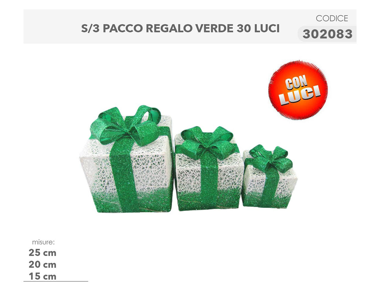 Pacco regalo verde 3pezzi 25/20/15cm con 15luci
