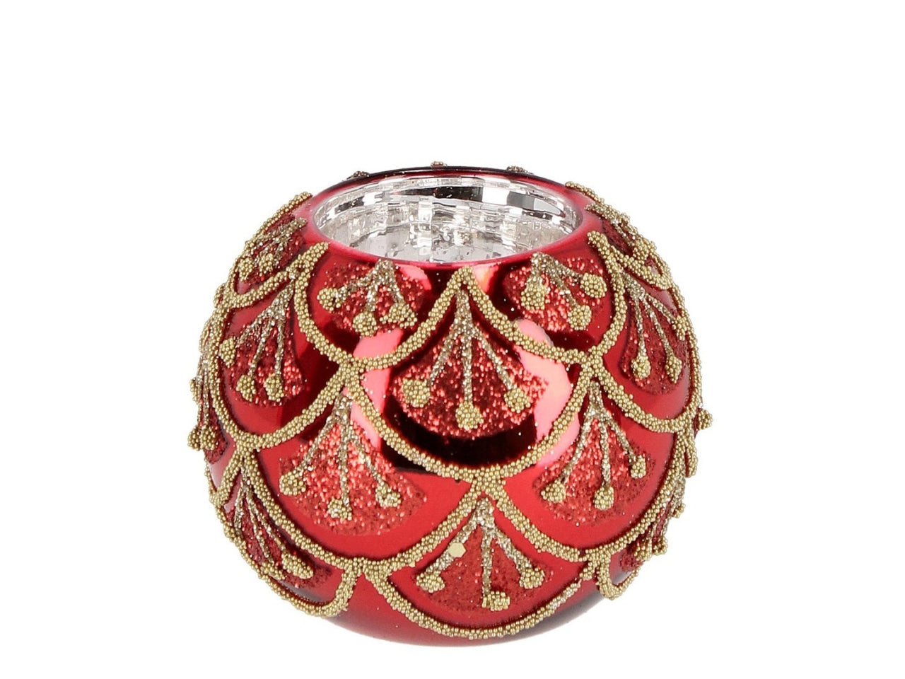 Porta candela in vetro rosso e dorato con rilievi e perline 8 cm - Bizzotto