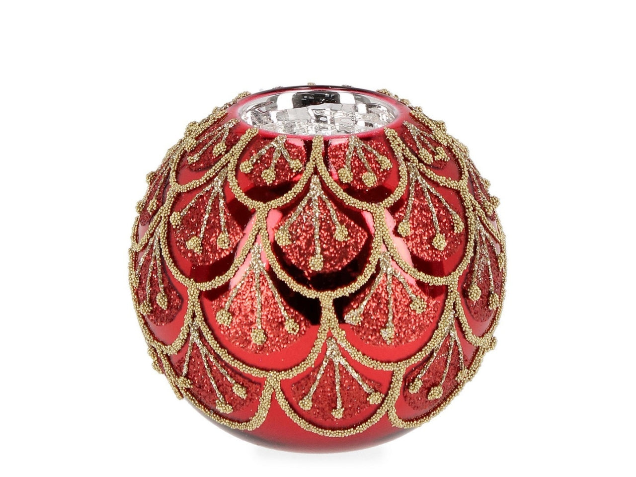 Porta candela in vetro rosso e dorato con rilievi e perline 10 cm - Bizzotto