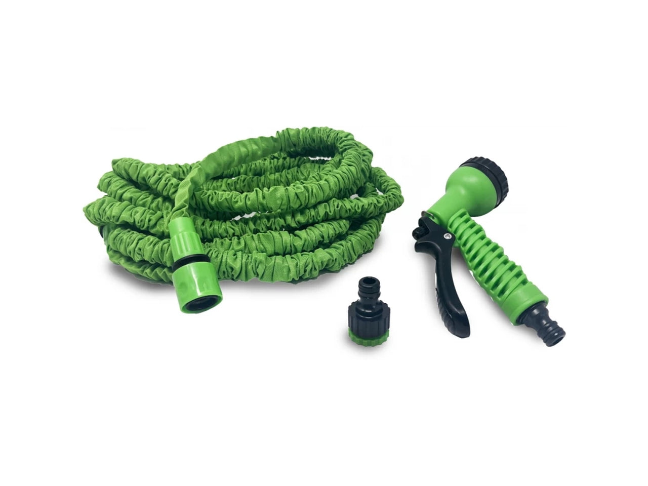 Tubo estensibile verde 15 m con accessori, include pistola multigetto, 2 raccordi a scatto, presa rubinetto - Effe Garden