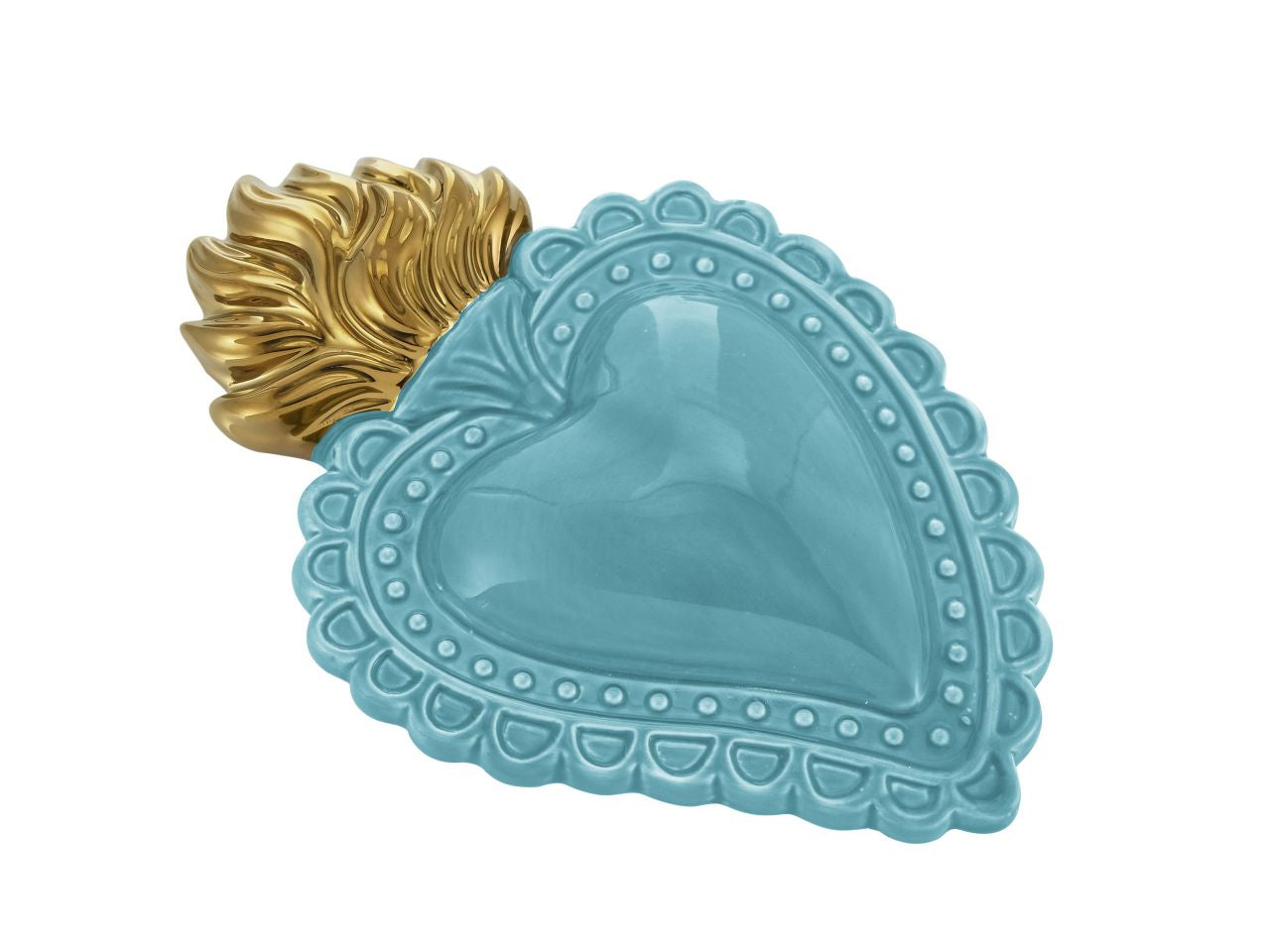 Ex voto cuore turchese fiamme oro 21cm decorazione dipinta a mano in porcellana