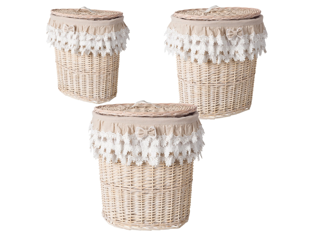 Set da 3 portabiancheria ovali, bianco e naturale, in rattan e tessuto - Coccole di Casa