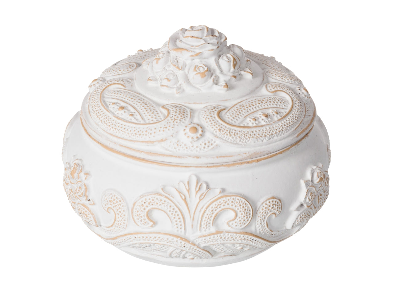 Cofanetto con coperchio in resina bianco, bomboniera shabby chic con decori a rilievo, 10,5 cm - Coccole di Casa