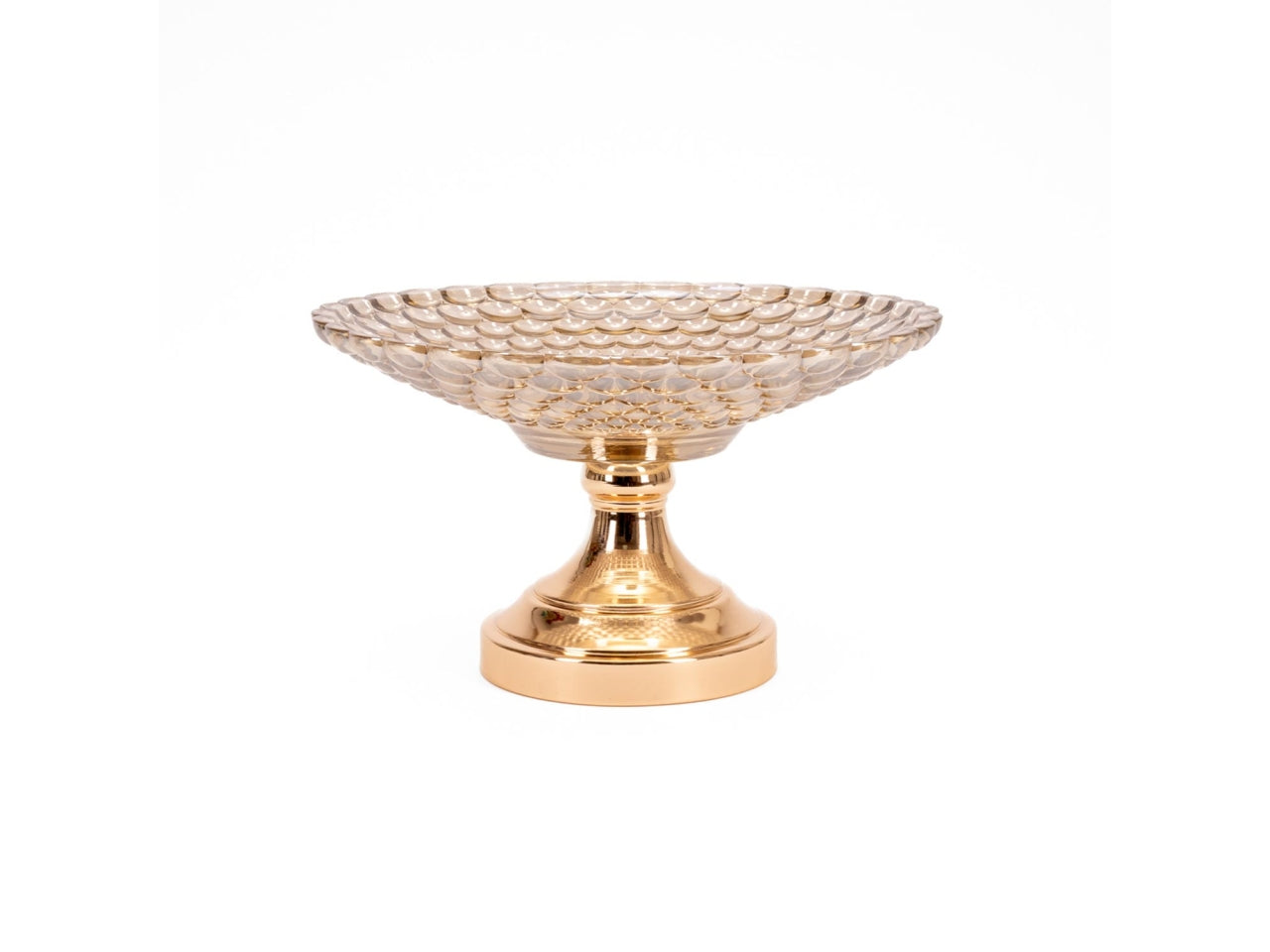 Alzata in vetro e metallo ambra e dorato con lavorazione a rilievo 36,5x18 cm - Silani