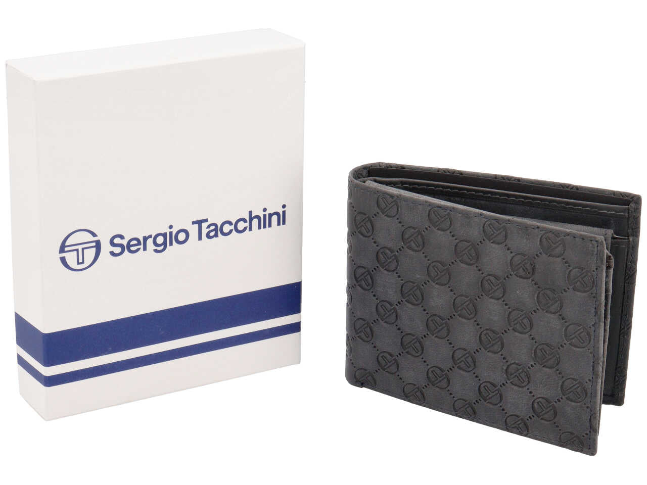 Portafoglio da uomo in pelle blu scuro con logo a rilievo 9x11,5 cm - Sergio Tacchini