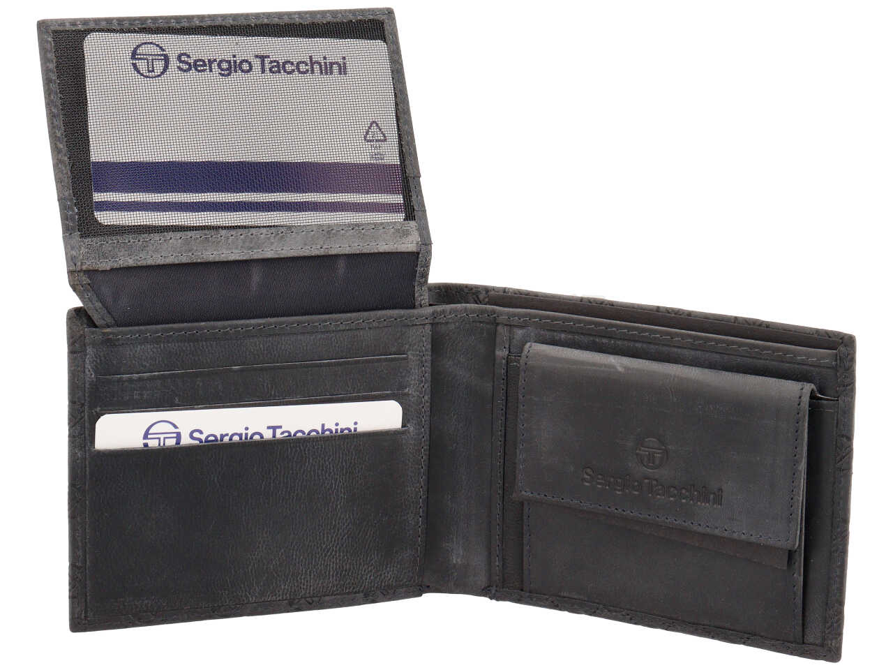 Portafoglio da uomo in pelle blu scuro con logo a rilievo 9x11,5 cm - Sergio Tacchini