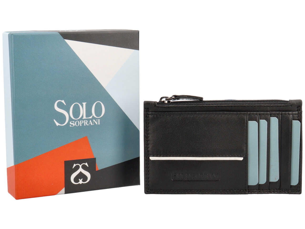 Portacarte da uomo in pelle nero con portamonete e inserto bianco, 8x13 cm - Solo Soprani