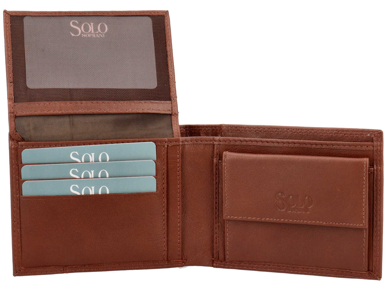 Portafoglio da uomo in pelle marrone e inserto marrone scuro con portamonete, 9,5x12 cm - Solo Soprani