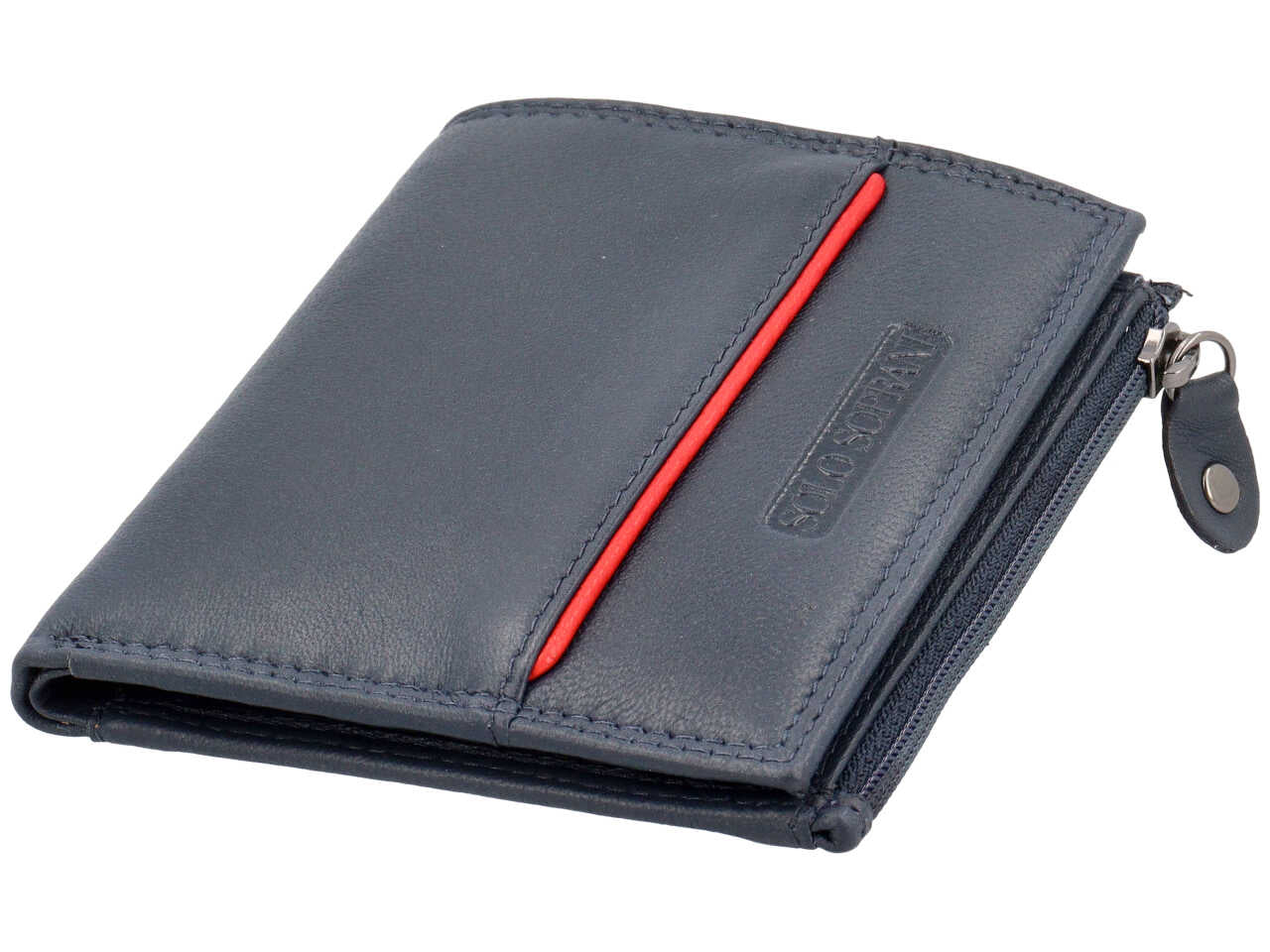 Portafoglio da uomo in pelle blu con portamonete laterale e inserto rosso, 8x13 cm - Solo Soprani