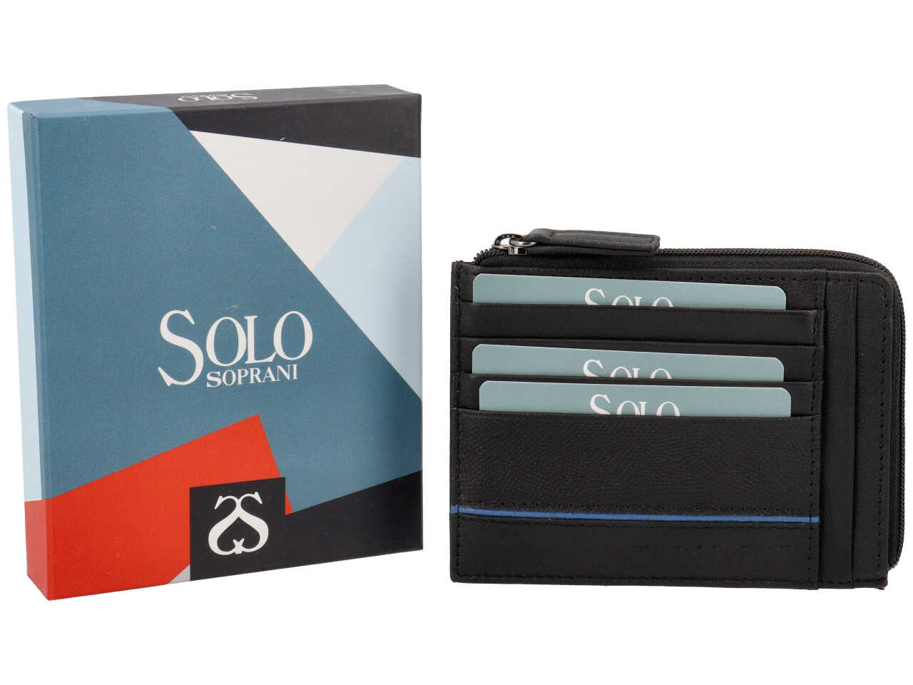 Portacarte da uomo in pelle martellata nero con inserto blu e portamonete, 9x12 cm - Solo Soprani