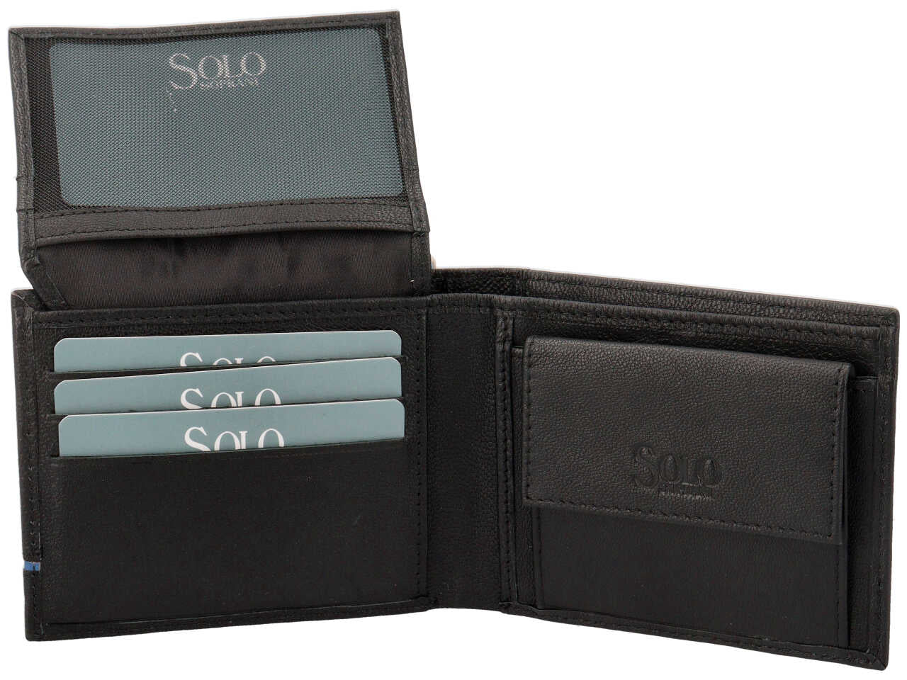 Portafoglio da uomo in pelle martellata nero con inserto blu e portamonete, 9x11,5 cm - Solo Soprani