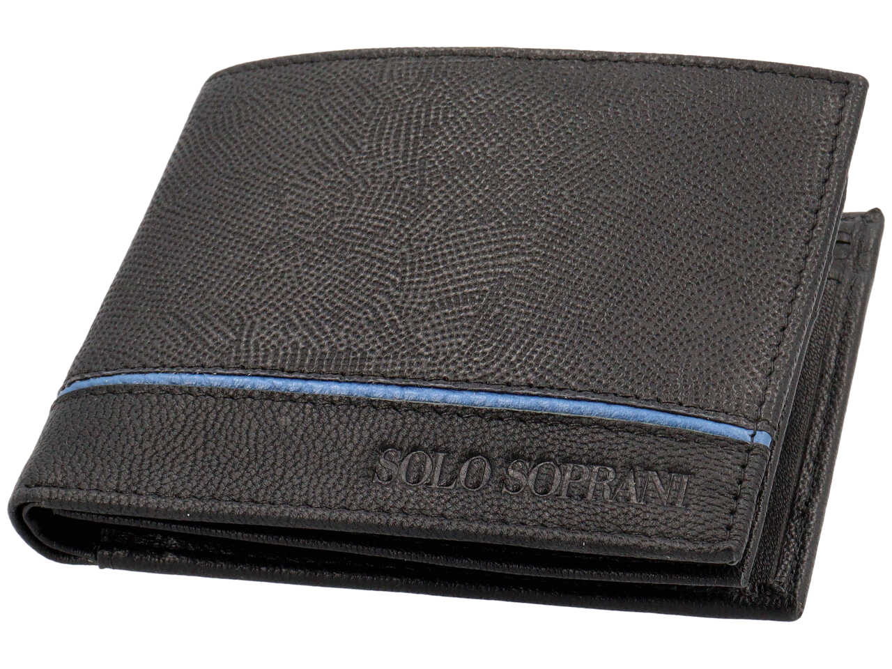 Portafoglio da uomo in pelle martellata nero con inserto blu e portamonete, 9x11,5 cm - Solo Soprani
