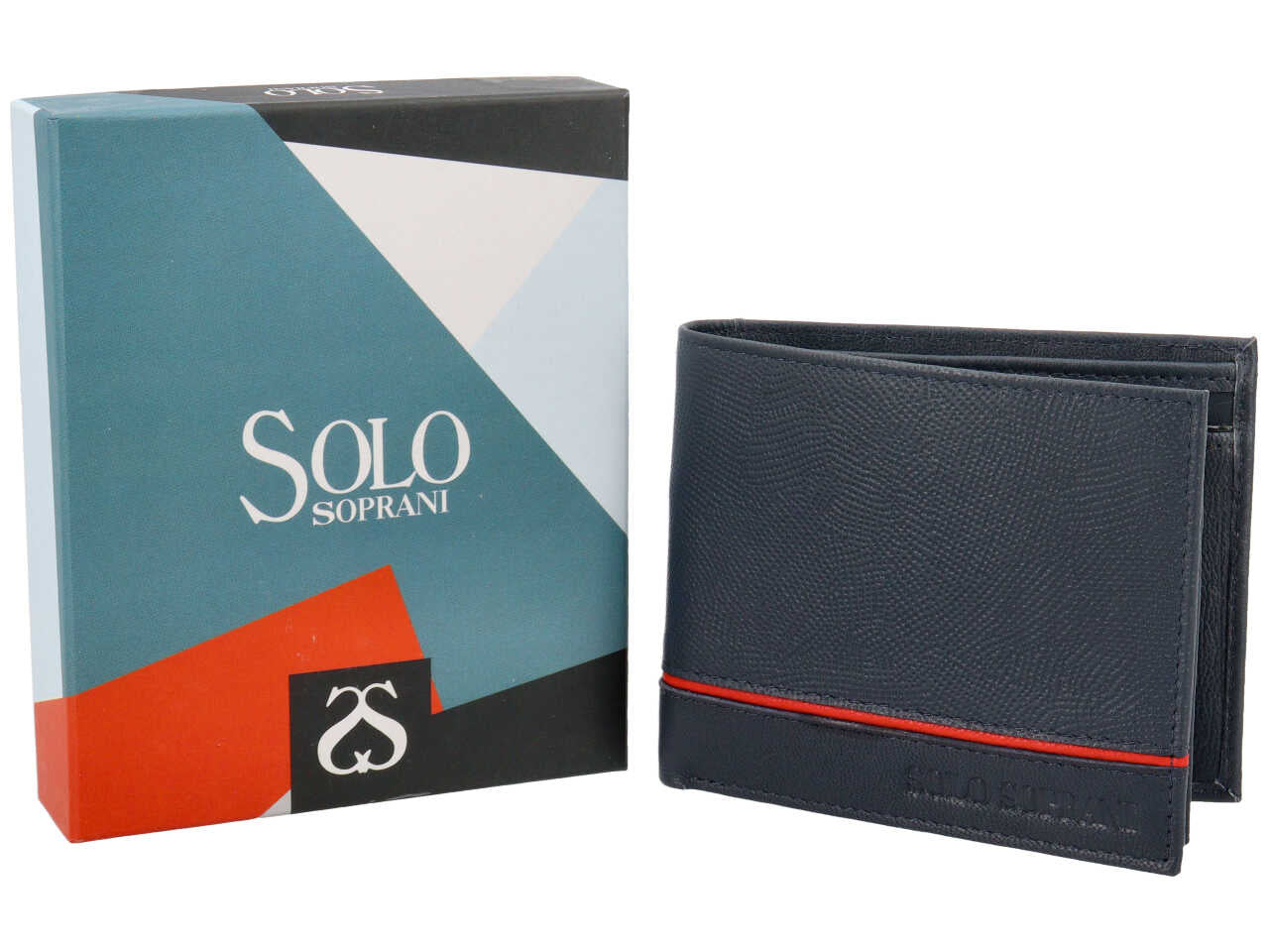 Portafoglio da uomo in pelle martellata blu con inserto rosso e portamonete, 9x11,5 cm - Solo Soprani