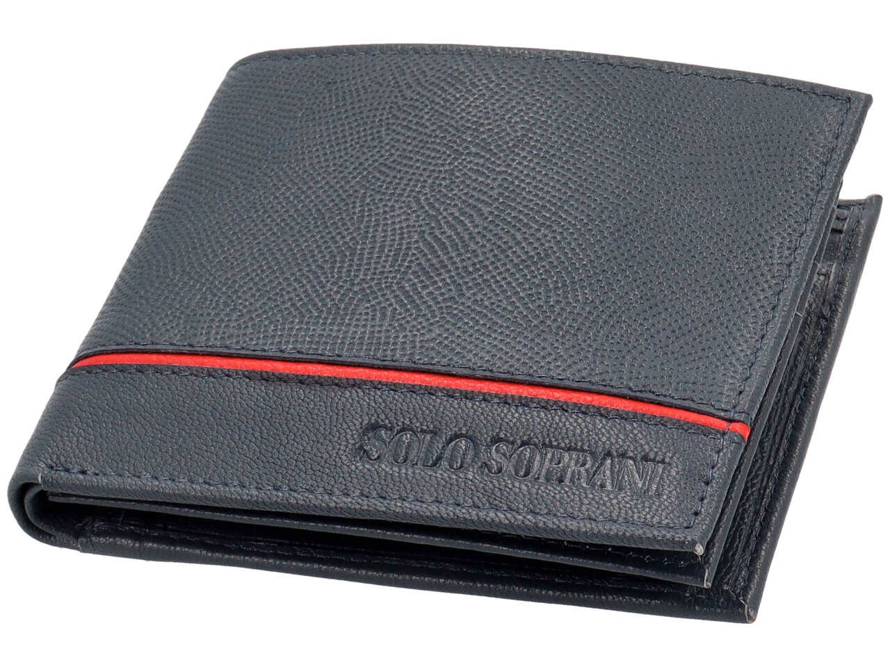 Portafoglio da uomo in pelle martellata blu con inserto rosso e portamonete, 9x11,5 cm - Solo Soprani