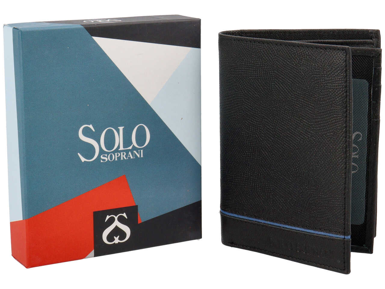 Portafoglio da uomo in pelle martellata nero con inserto blu, chiusura a libro e portamonete, 12,5x9 cm - Solo Soprani