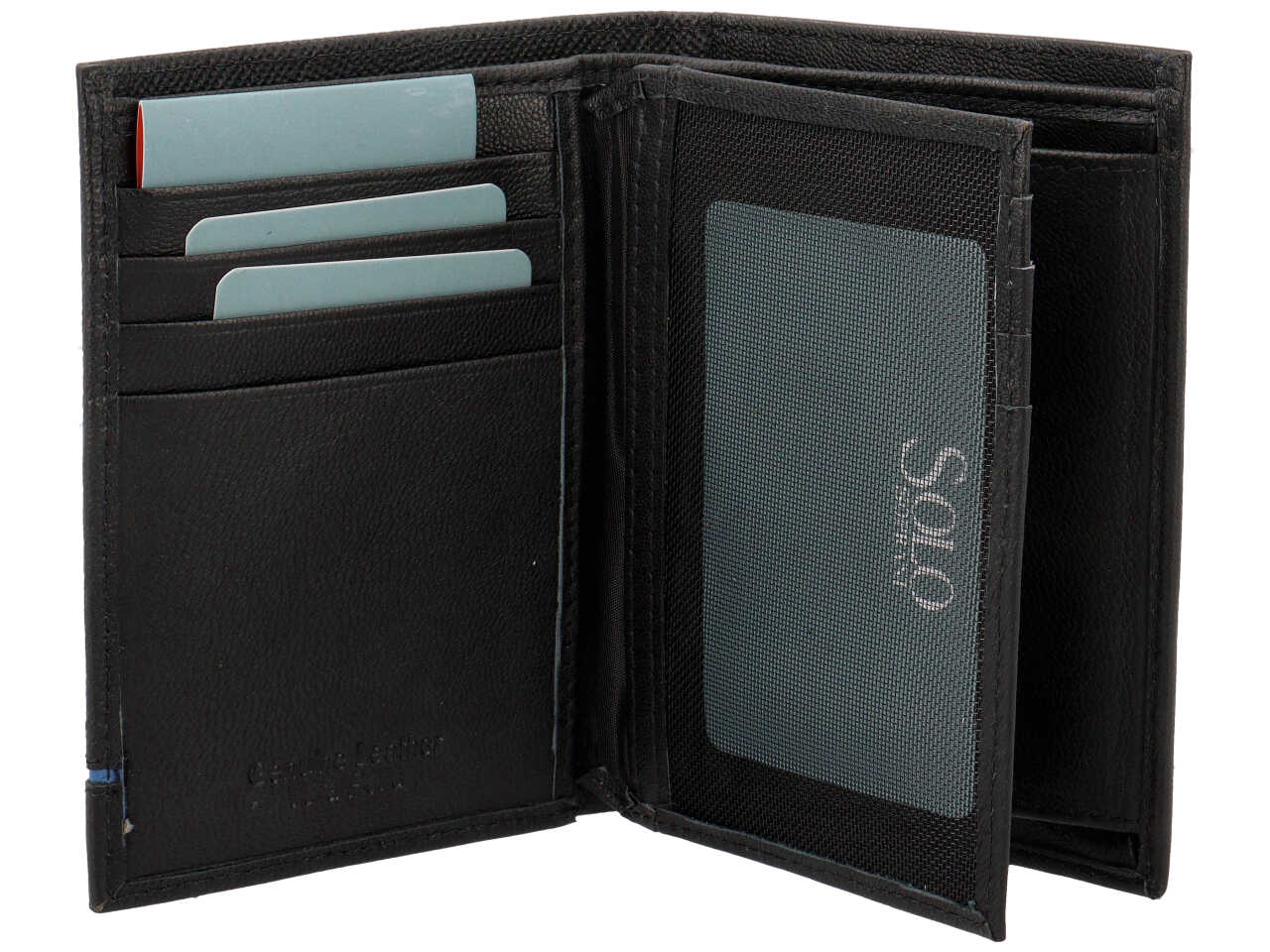 Portafoglio da uomo in pelle martellata nero con inserto blu, chiusura a libro e portamonete, 12,5x9 cm - Solo Soprani