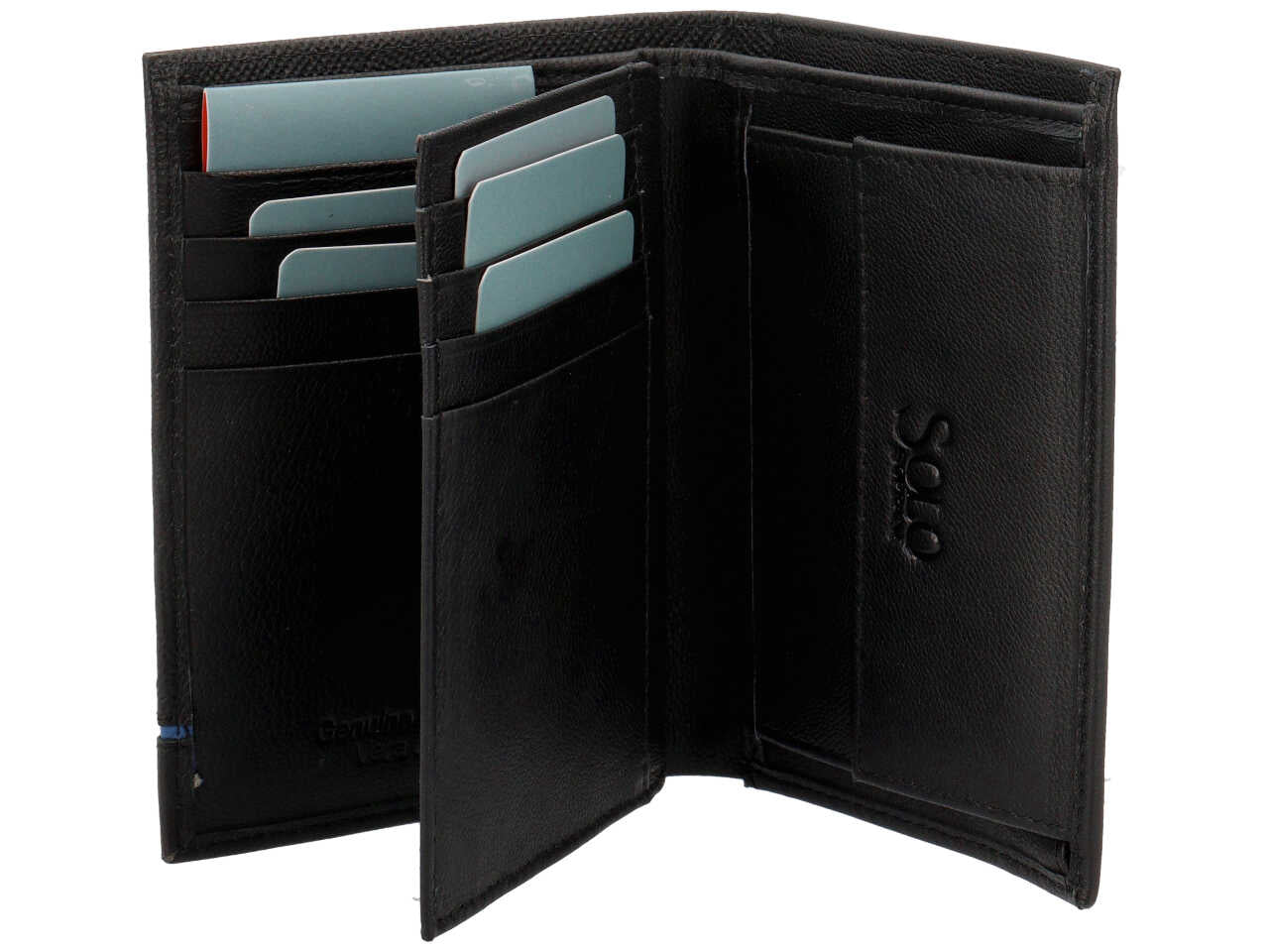 Portafoglio da uomo in pelle martellata nero con inserto blu, chiusura a libro e portamonete, 12,5x9 cm - Solo Soprani