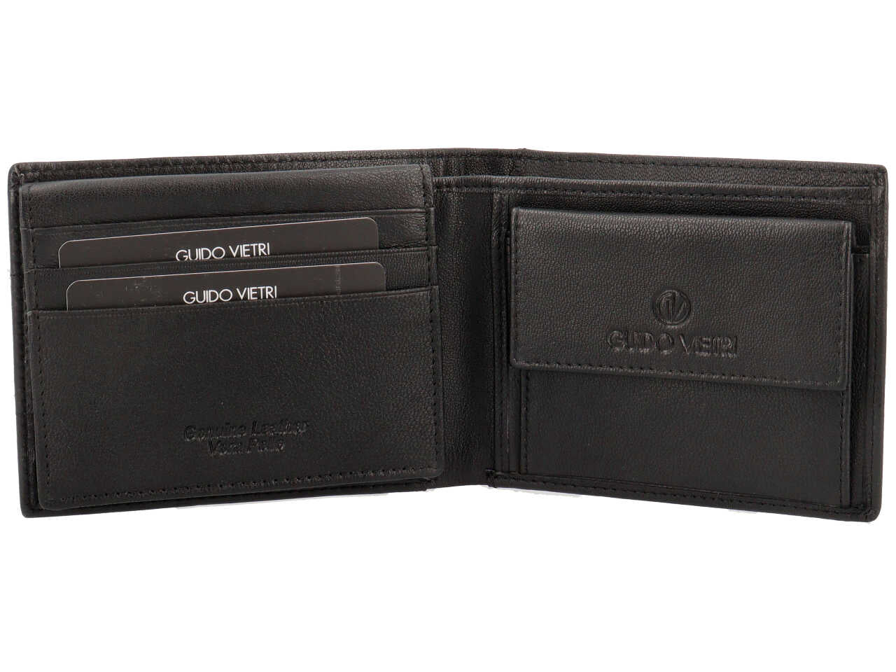 Portafoglio da uomo in pelle nero con portamonete e fascia con decoro puntinato, 9,5x12,5x2 cm - Guido Vietri