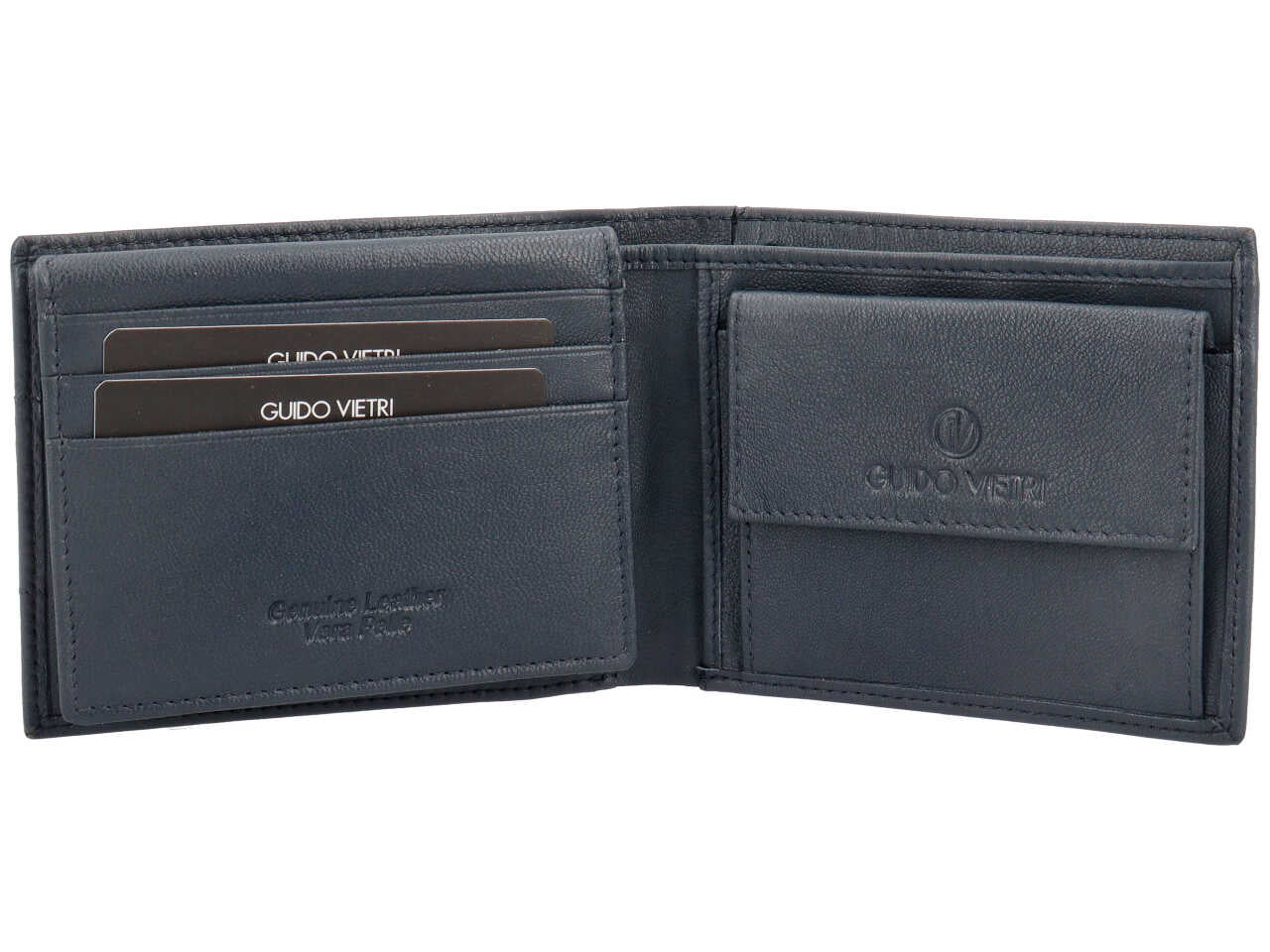 Portafoglio da uomo in pelle blu con portamonete e fascia con decoro puntinato, 9,5x12,5x2 cm - Guido Vietri