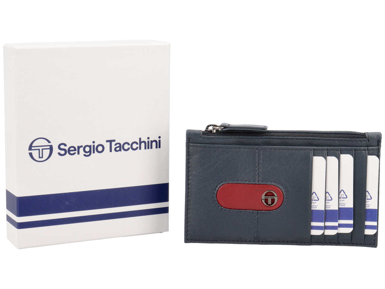 Portacarte da uomo in pelle blu con inserto bordeaux, 8x13 cm - Sergio Tacchini