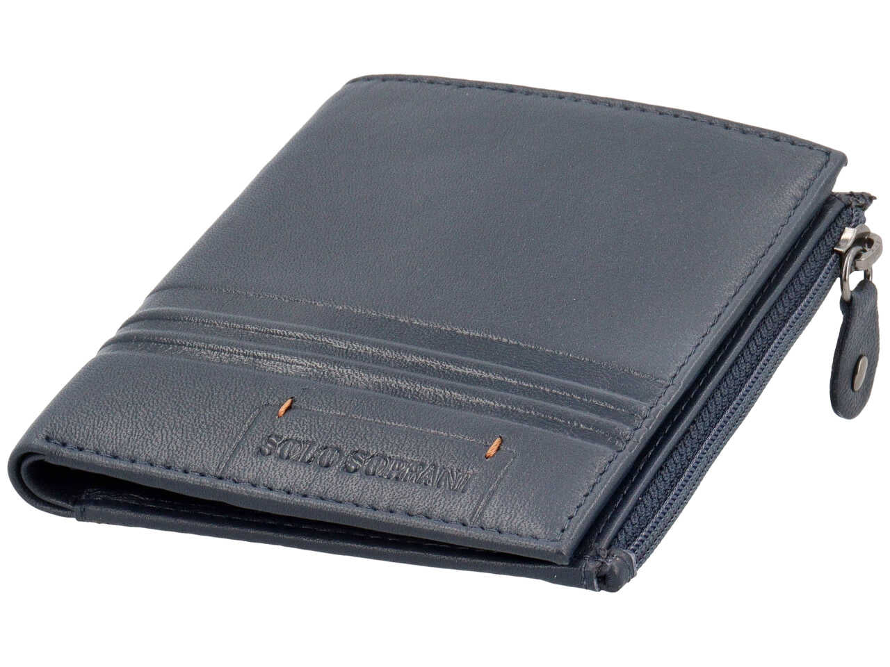 Portafogli da uomo in pelle blu, chiusura a libro e portamonete con cerniera, 11x9,5 cm - Solo Soprani