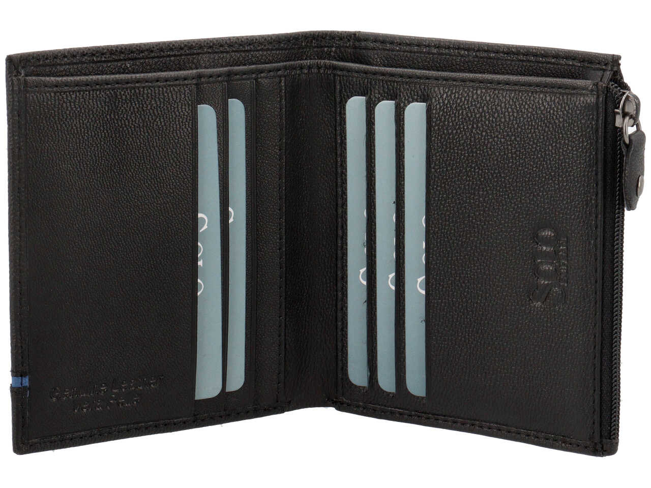 Portafoglio da uomo in pelle martellata nero con inserto blu, chiusura a libro e portamonete laterale, 11x9.5x1.5 cm - Solo Soprani