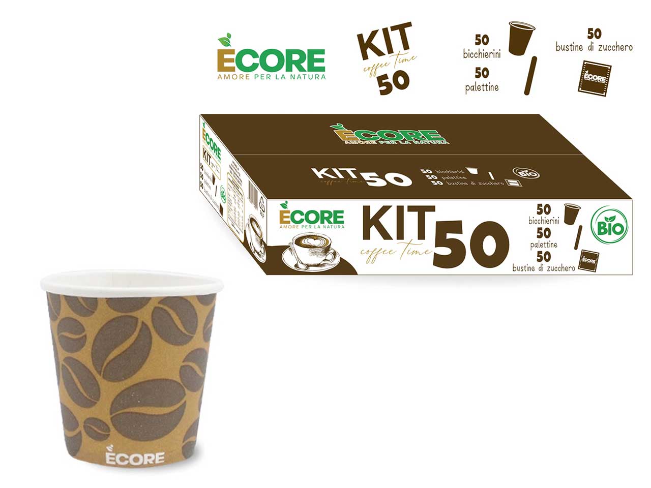 Kit caffe` con 50 palette in bamboo, 50 bustine di zucchero e 50 bicchierini da caffe'$