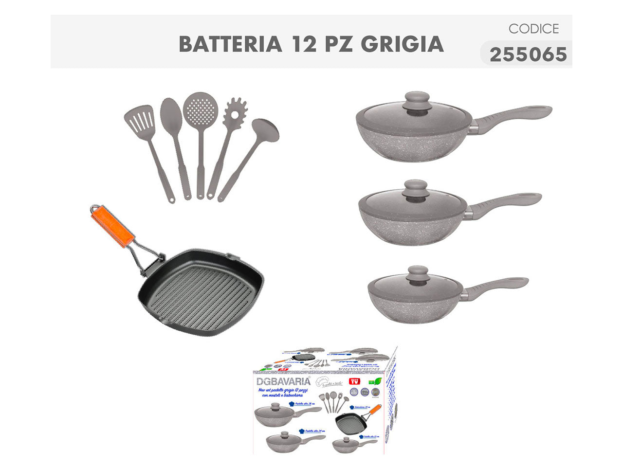 Set di padelle, bistecchiera e mestoli da 12 pezzi per induzione con manico in gomma antiscivolo - Casalinghi del Giudice