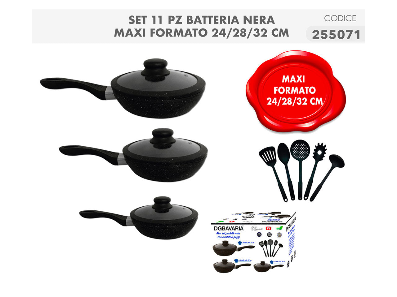 Set di padelle e mestoli neri 12 pezzi con manico in gomma antiscivolo - Casalinghi del Giudice