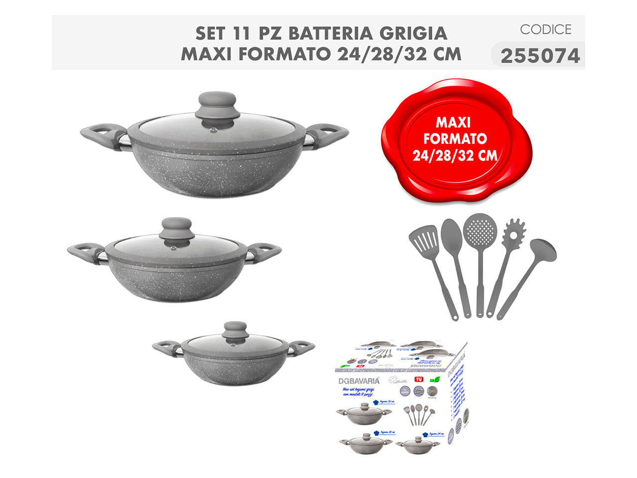 Set di tegami e mestoli da 11 pezzi grigi per induzione con manico antiscivolo - Casalinghi del Giudice