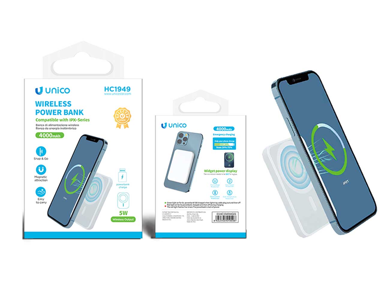 Alimentatore wireless uni-magnetic 4000mAh 5W in ABS bianco, 9,5x6,4x1,2 cm, hc1949 - Unico