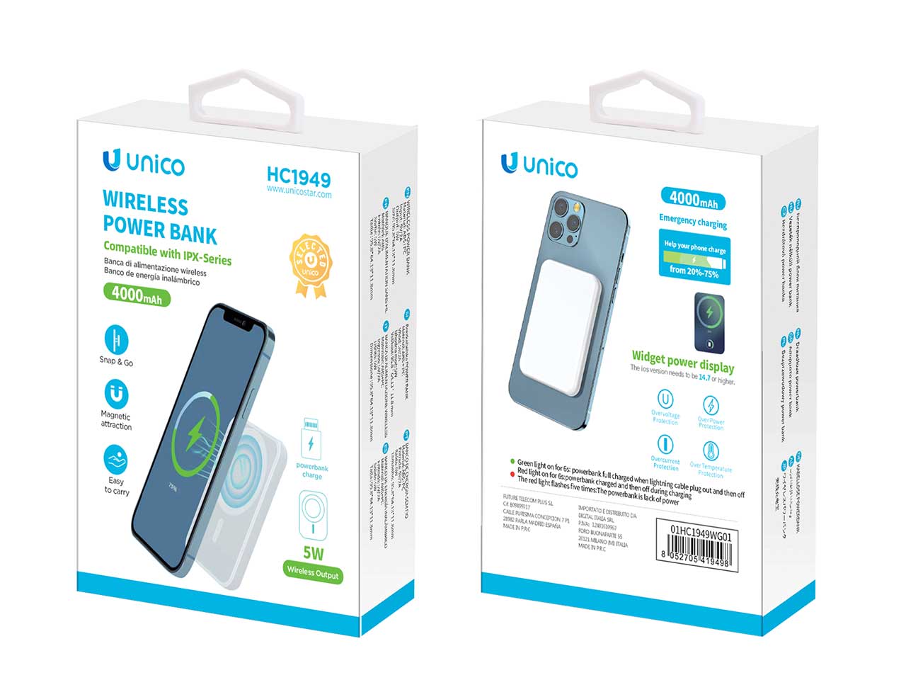 Alimentatore wireless uni-magnetic 4000mAh 5W in ABS bianco, 9,5x6,4x1,2 cm, hc1949 - Unico