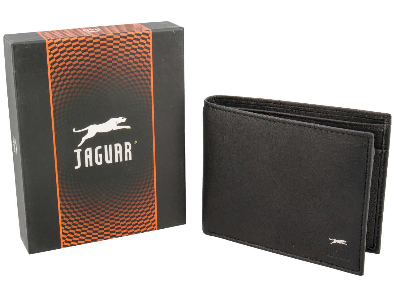 Portafoglio da uomo in pelle nero, doppia patta e portamonete, 10x12 cm -Jaguar