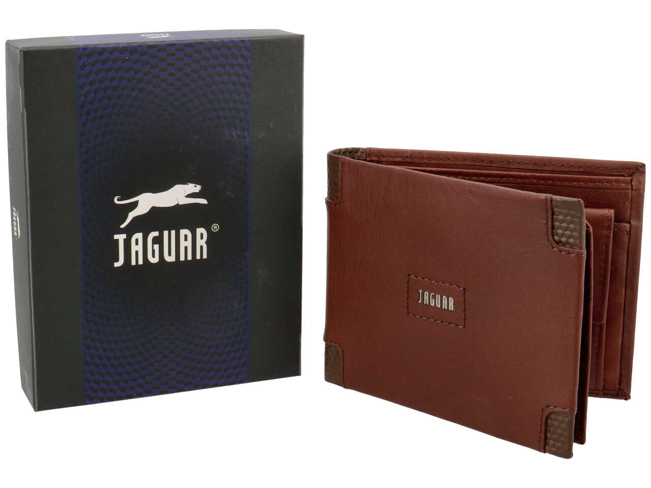 Portafoglio uomo jaguar doppia patta piu' moneta in vera pelle colore tabacco 11x6,5cm