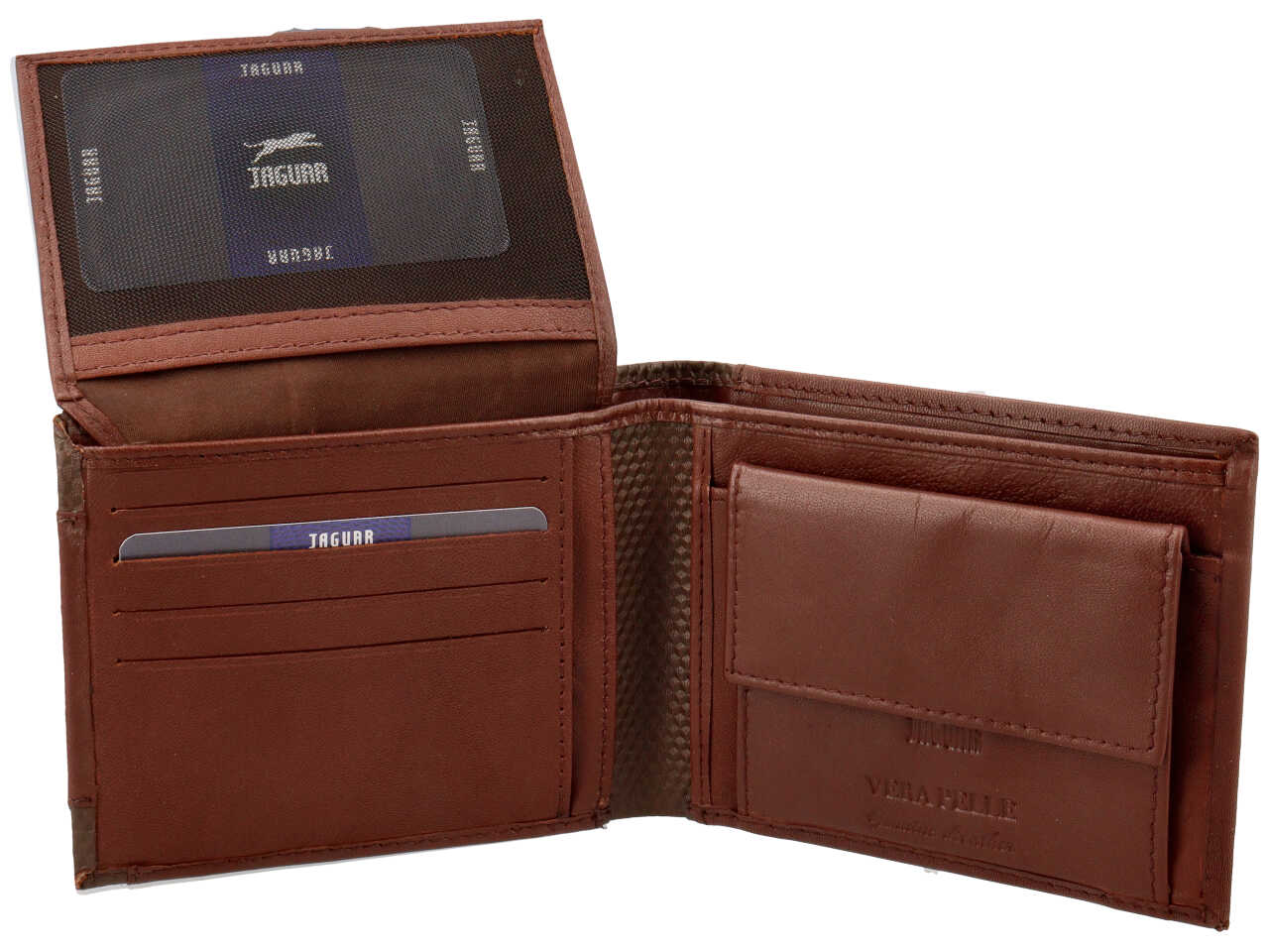 Portafoglio uomo jaguar doppia patta piu' moneta in vera pelle colore tabacco 11x6,5cm