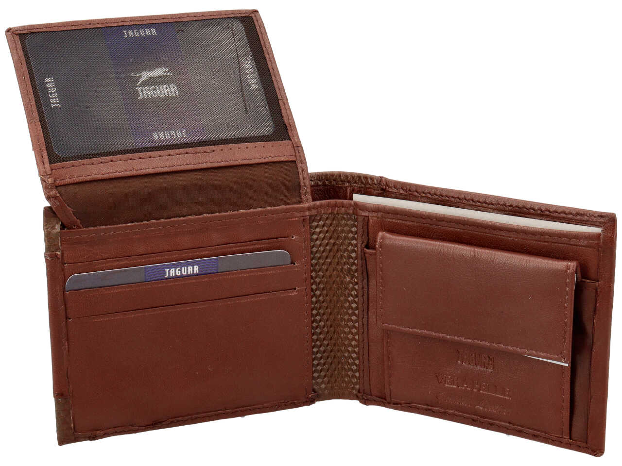 Portafoglio uomo jaguar doppia patta piu' moneta piccolo in vera pelle colore tabacco 11x9cm