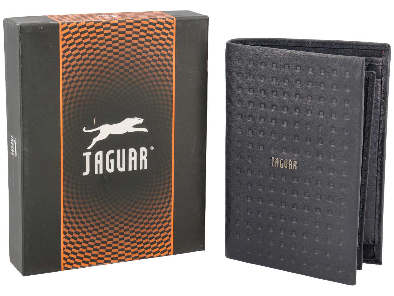 Portafoglio da uomo in pelle blu con motivo a quadri, chiusura a libro, 9,5x13 cm - Jaguar