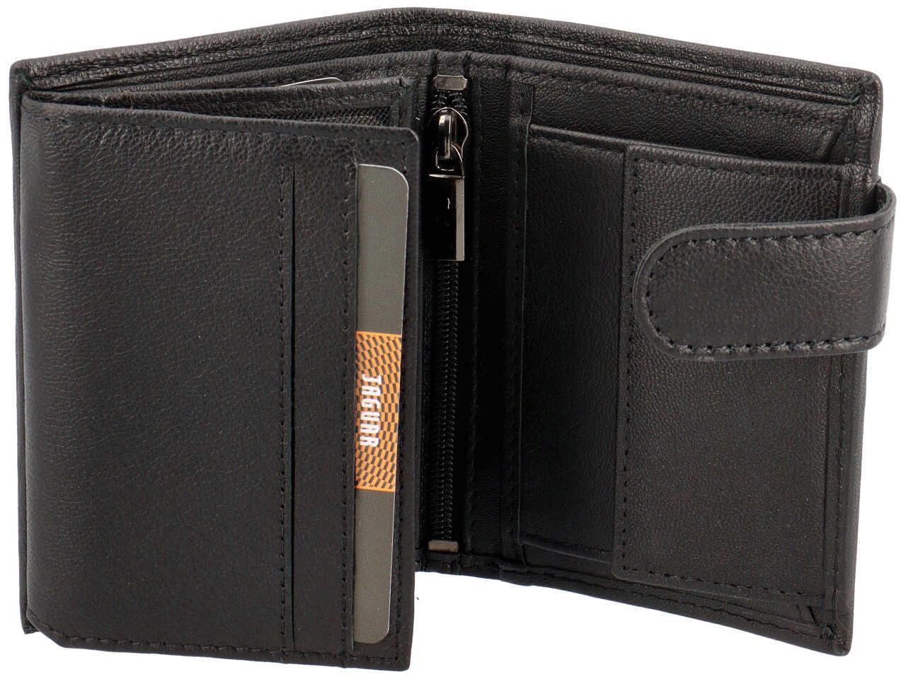 Portafoglio da uomo in pelle stampata nero, scomparti per carte, e portamonete con chiusura a bottoncino, 8x10 cm - Jaguar